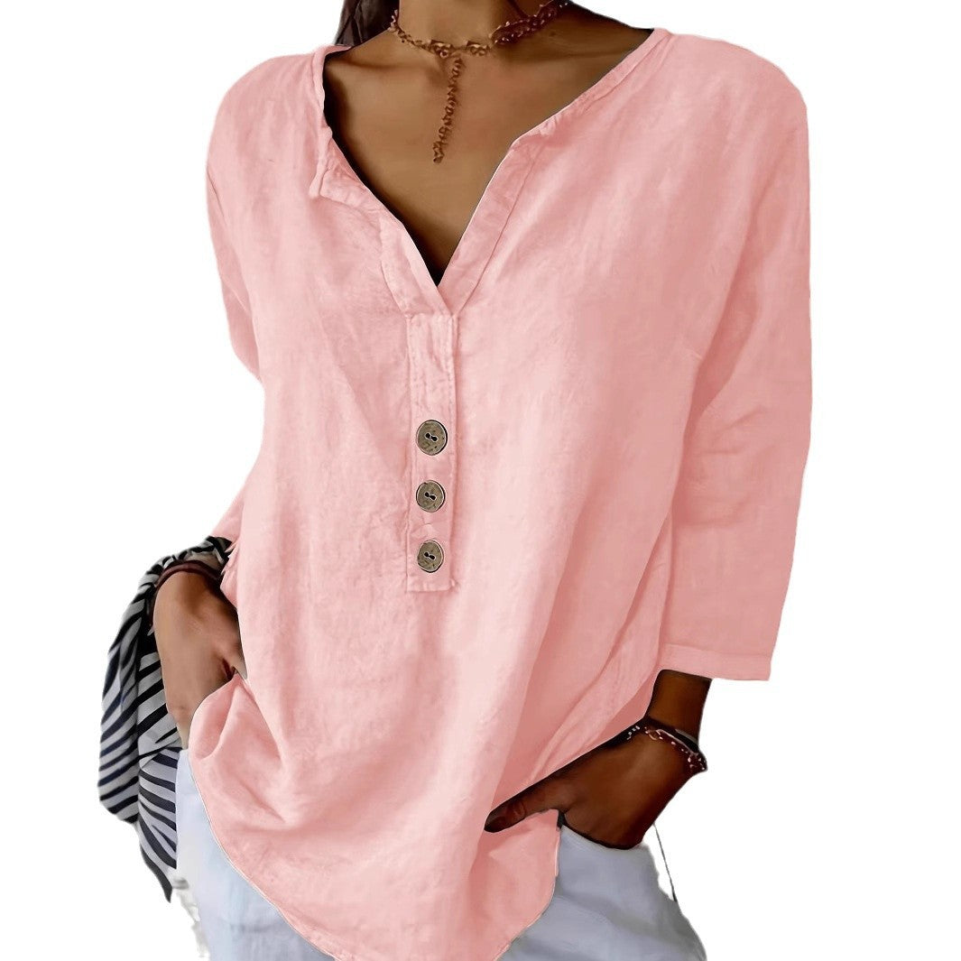 Solid Color Notched Collar Shirt Casual Button Shirt