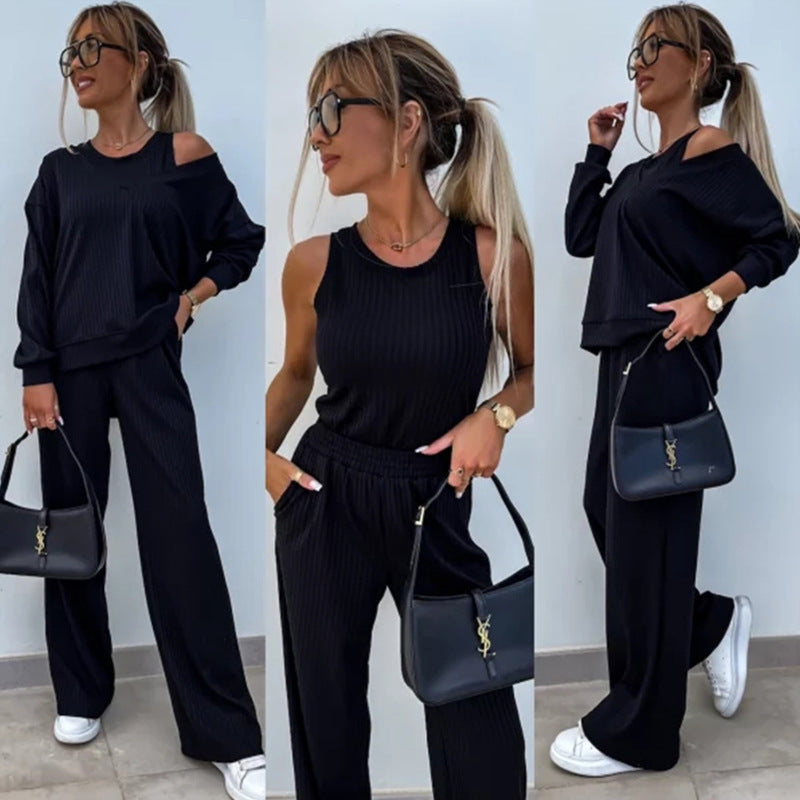 Women's Solid Color Vest Inner Match Long-sleeved V-neck Top Casual Pants Three-piece Set