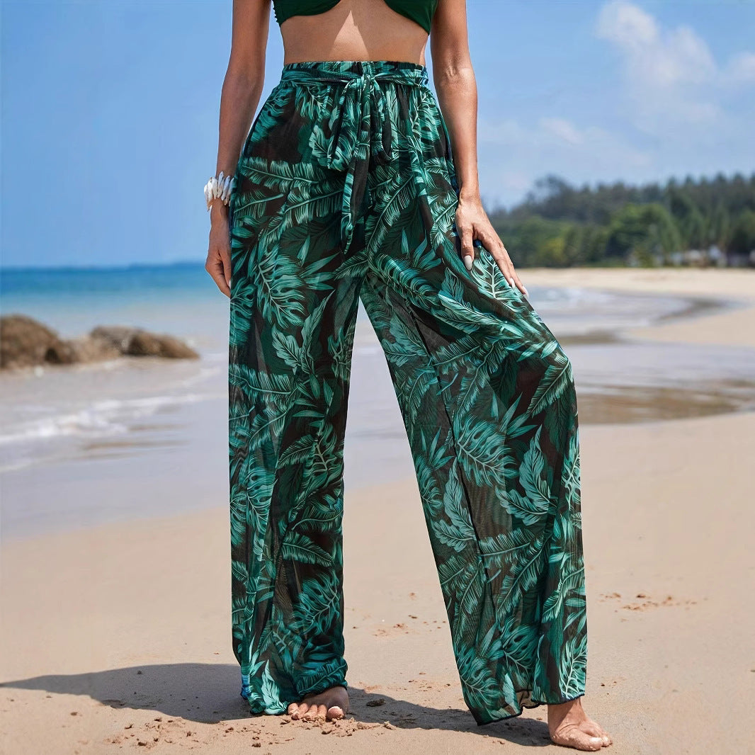 Straight-leg Pants Leaves Printed Elastic Waist Mesh Quick-drying Trousers