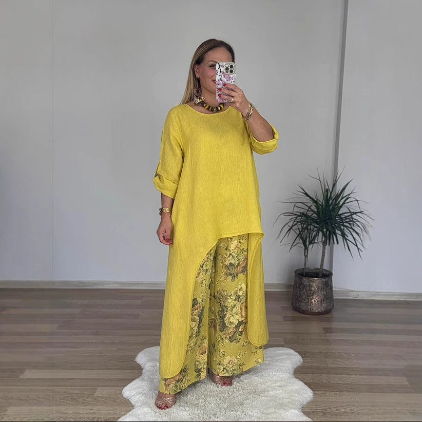 Women's Casual Cotton Linen Irregular Top Wide Leg Pants With Pockets Suit