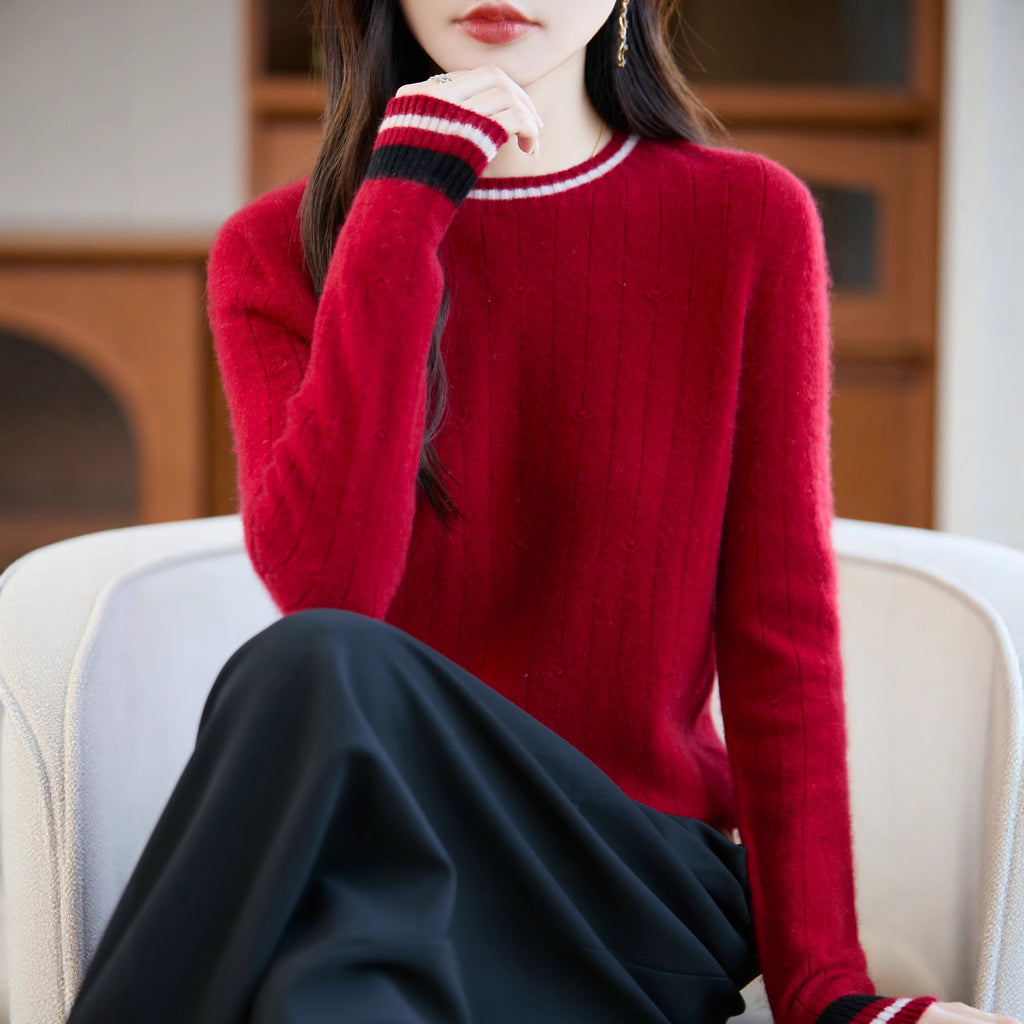 One-line Color-blocked Wool Sweater Women's Round Neck Trendy Design Loose