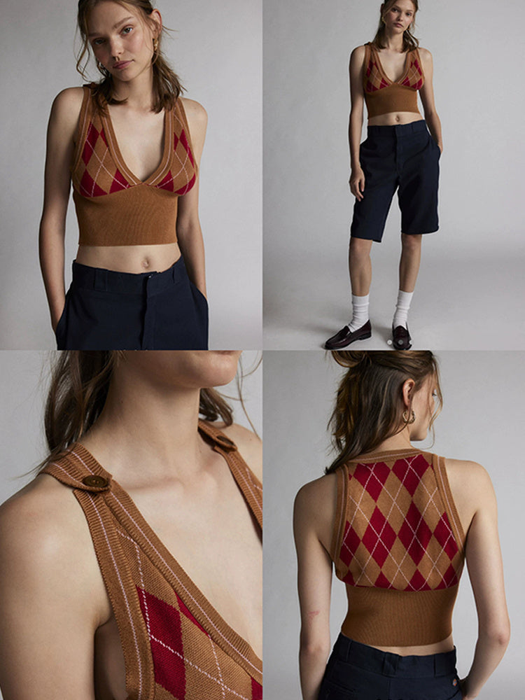 Retro Diamond Short Woolen Vest