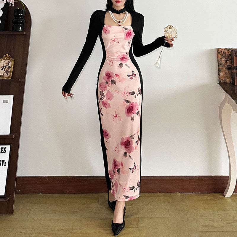 Retro Hot Girl Printing Color Contrast Slim Fit High Waist Long Sleeves Dress Women