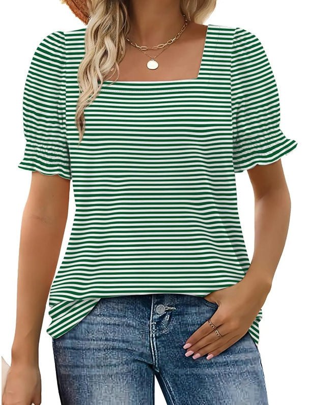 Fashion Simple U-neck Petal Sleeve Loose T-shirt