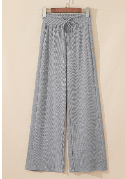 Gray Waffle Knit Drawstring High Waist Wide Leg Pants