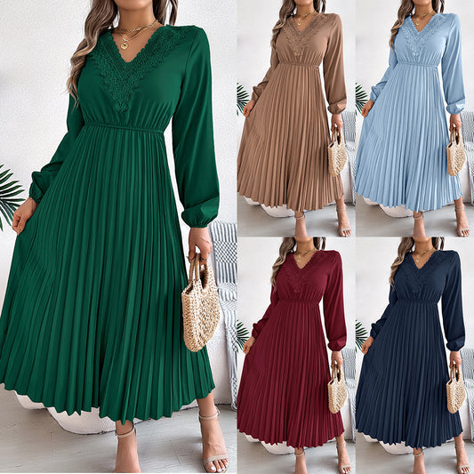 Women's V-neck Lace Cinched Pleated Long Dress