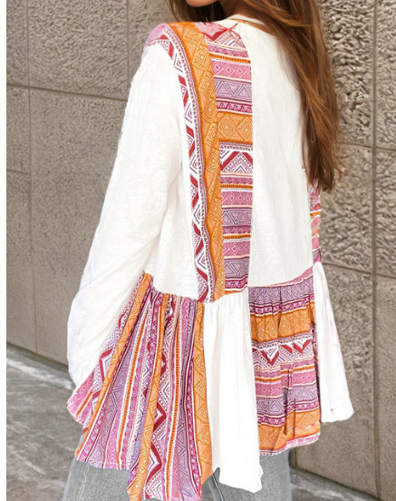 White Western Aztec Print Patchwork Ruffled Tunic Long Sleeve Babydoll Top