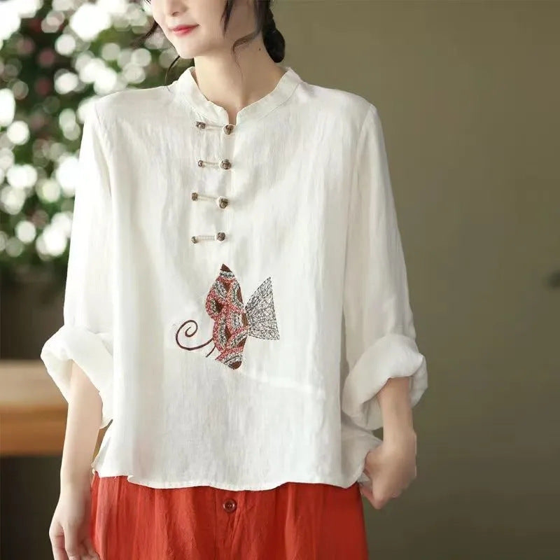 Ethnic Style Plus Size Cotton And Linen Shirt For Women