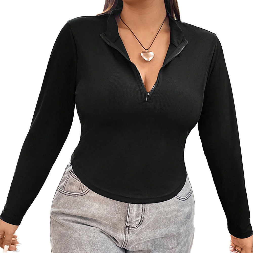 Women's Solid Color Zip-up Long Sleeve Sexy Fitted Top