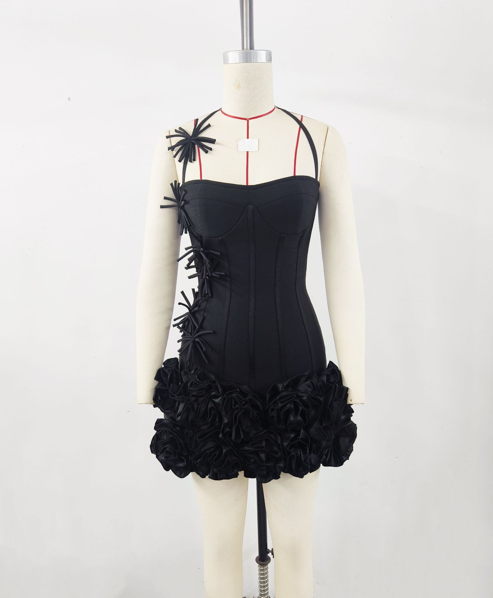 European And American Ins Women's Three-dimensional Flower Black Bandage Dress