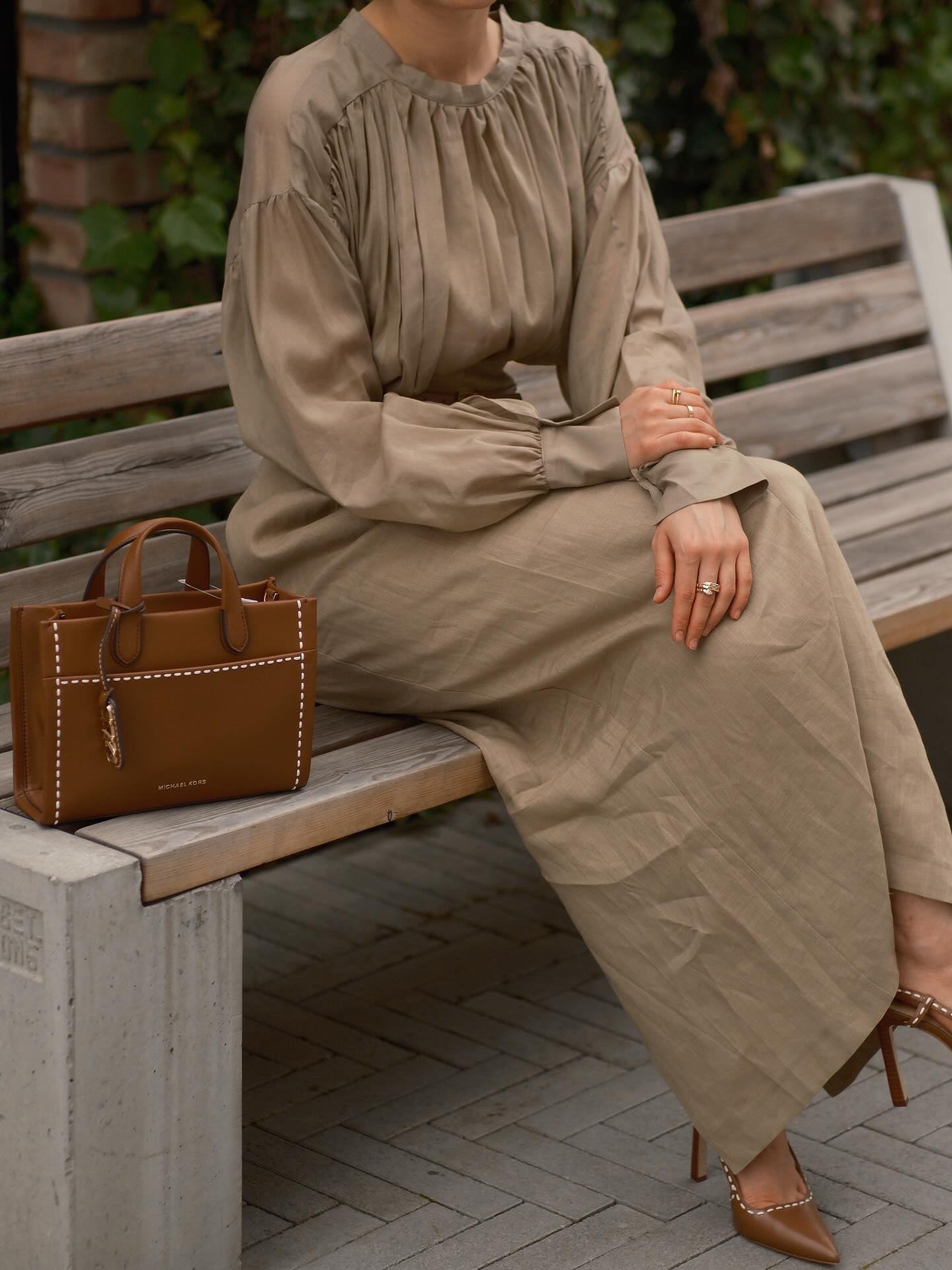 Khaki Puff - Sleeve Blouse And Midi Skirt Set