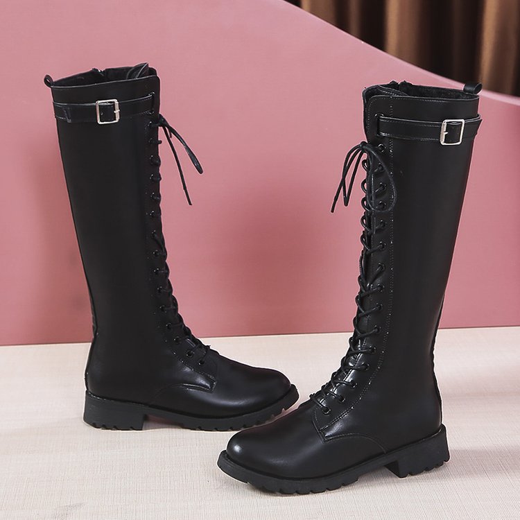 Womens Mid-heel High Boots With Laces And Buckles