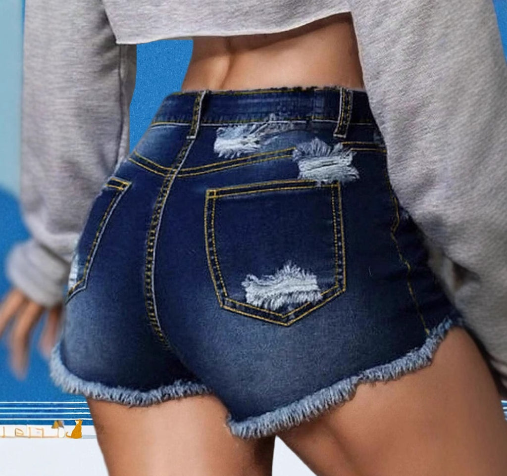 Mid-Waist Slim-Fit Ripped Shorts