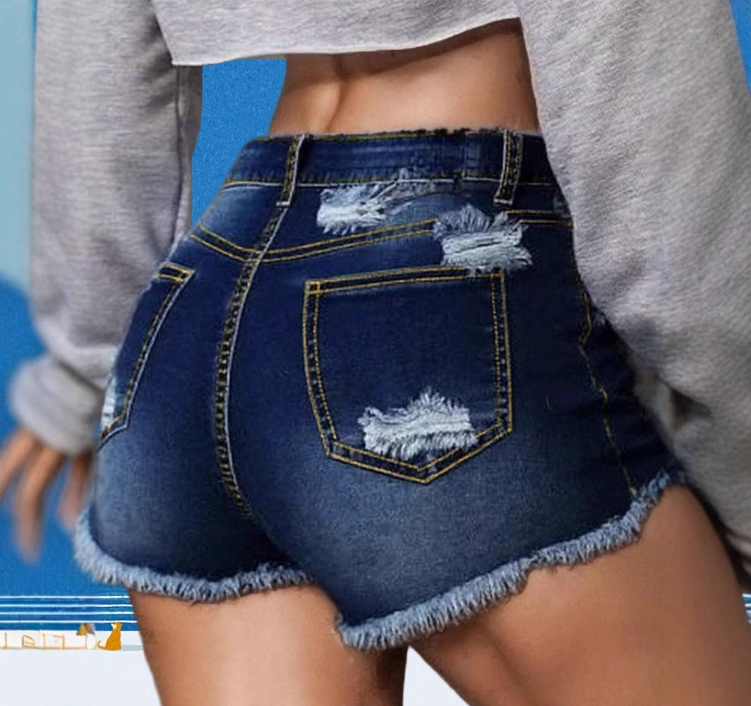 Mid-Waist Slim-Fit Ripped Shorts