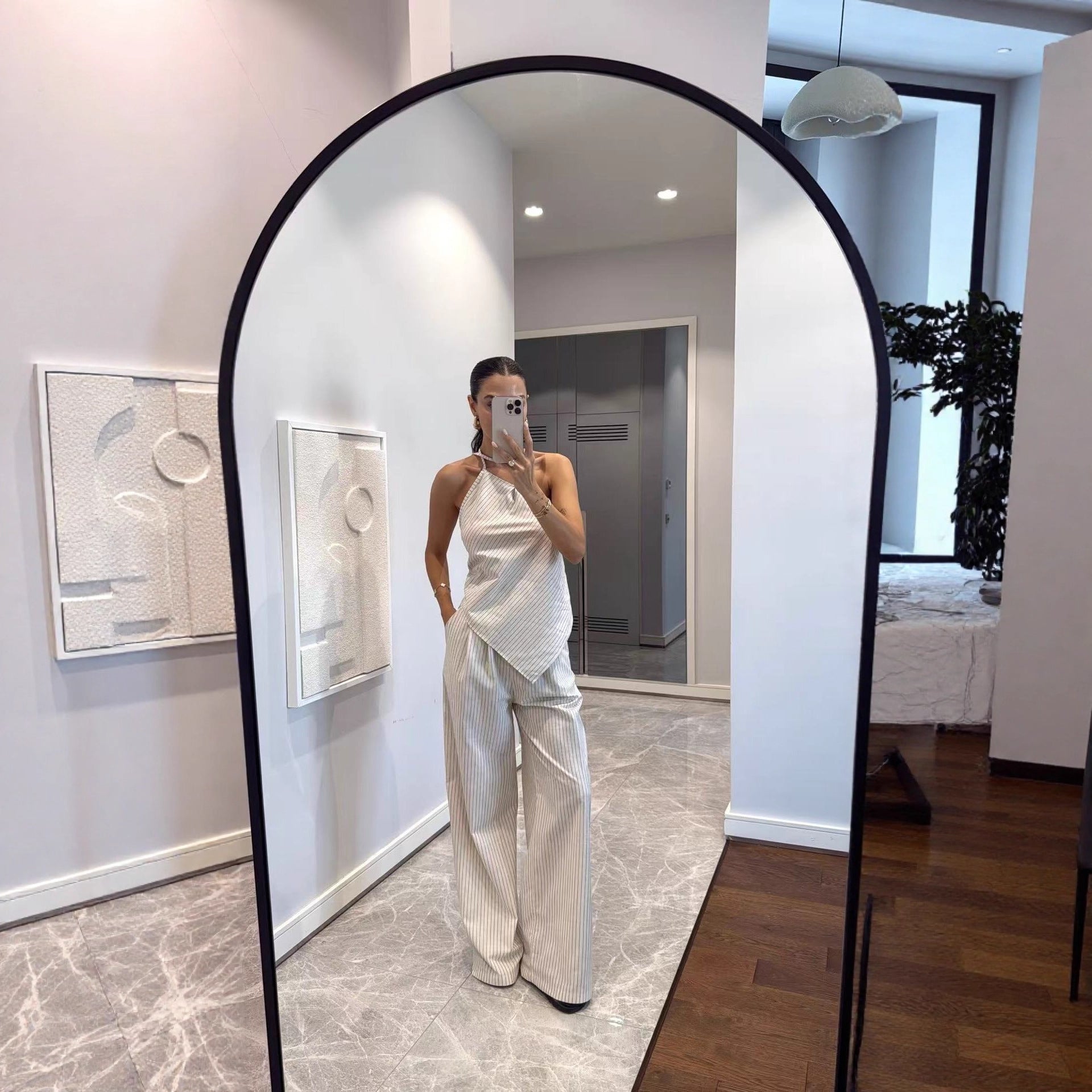 Off-shoulder Striped Irregular Top And Pants Two-piece Set