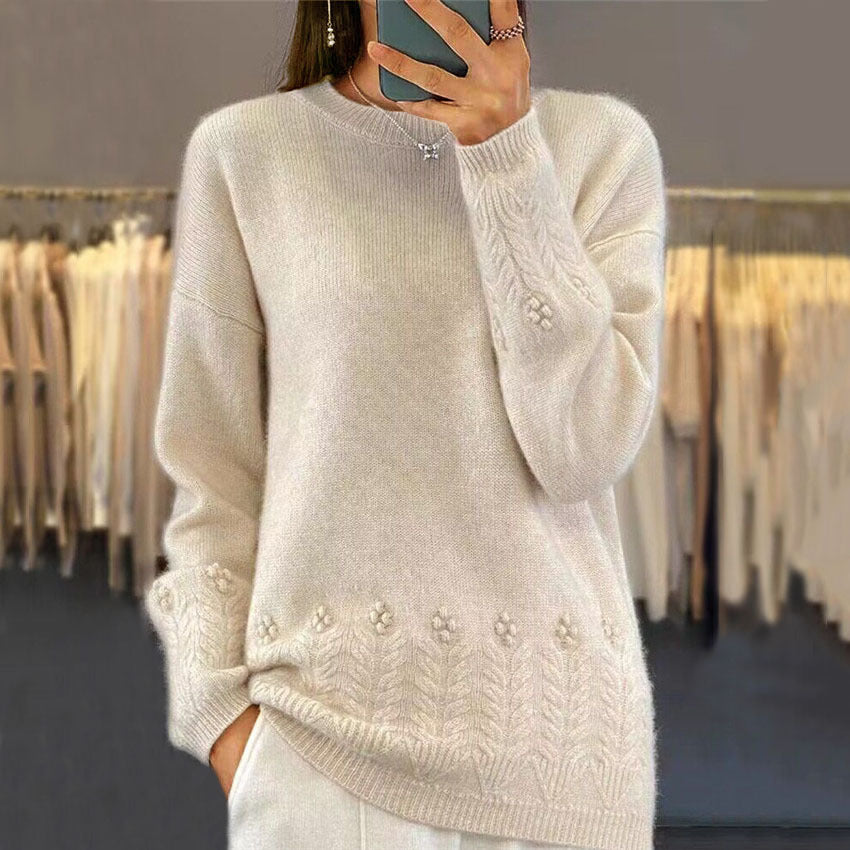 Women's Round Neck Solid Color Sweater Top Vintage Crocheted Pullover
