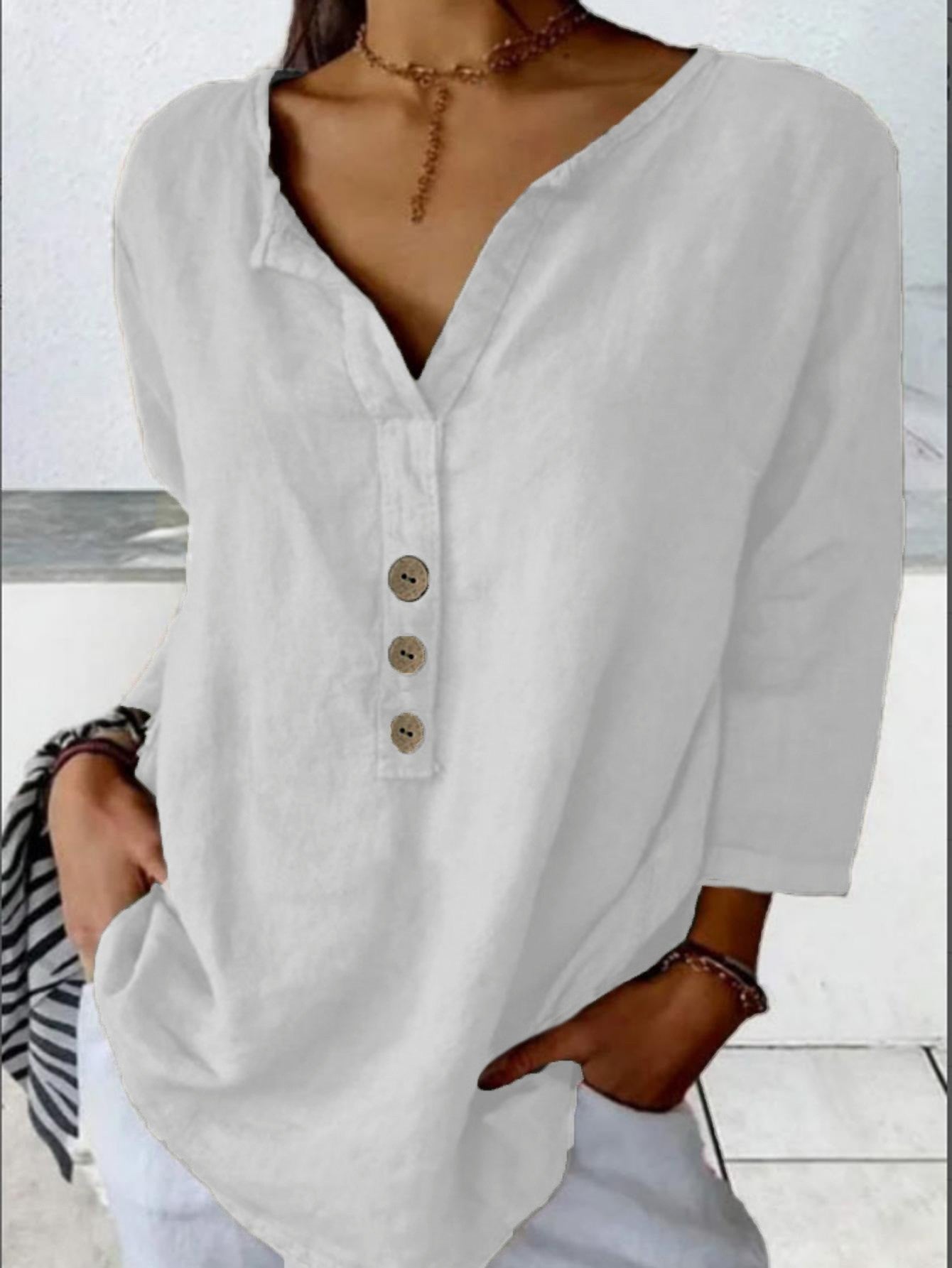 Solid Color Notched Collar Shirt Casual Button Shirt