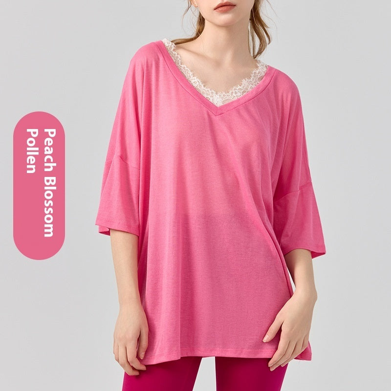 Pilates Yoga Clothes V-neck Lace Solid Color Short Sleeve Blouse