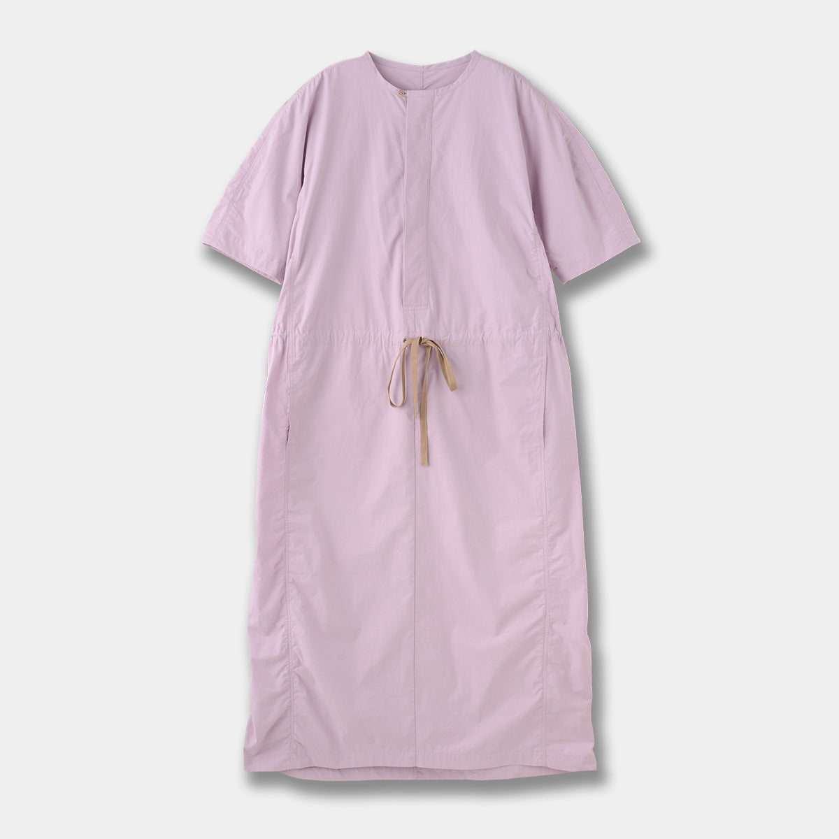 French Parachute Drawstring Waist Dress Round Neck