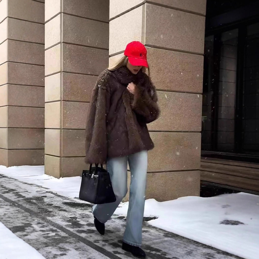 Mid Length Womens Faux Fox Fur Coat With A Blazer Style Collar