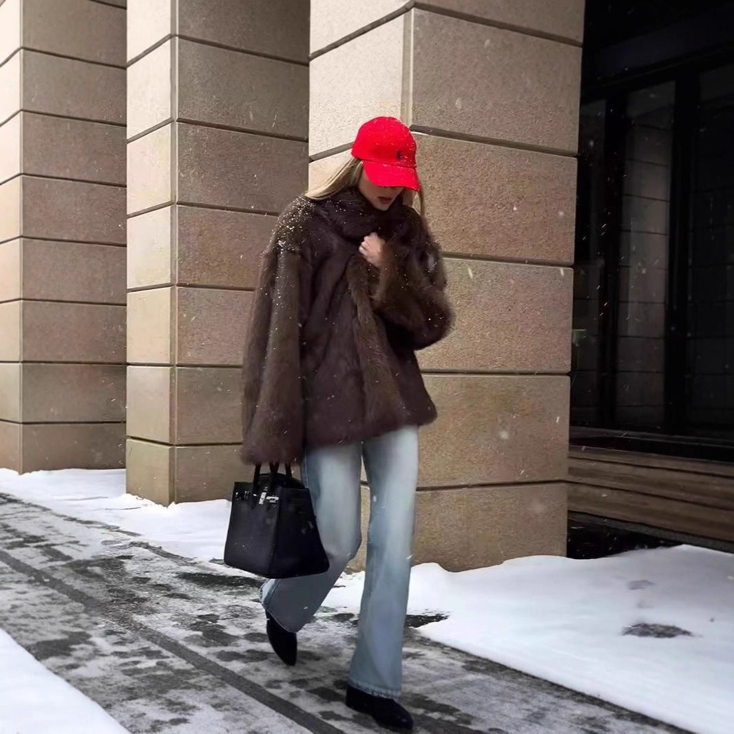 Mid Length Womens Faux Fox Fur Coat With A Blazer Style Collar