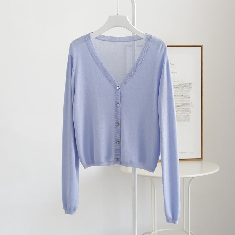 Spring And Summer V-neck Short Tencel Knitted Cardigan Pure Color All-matching