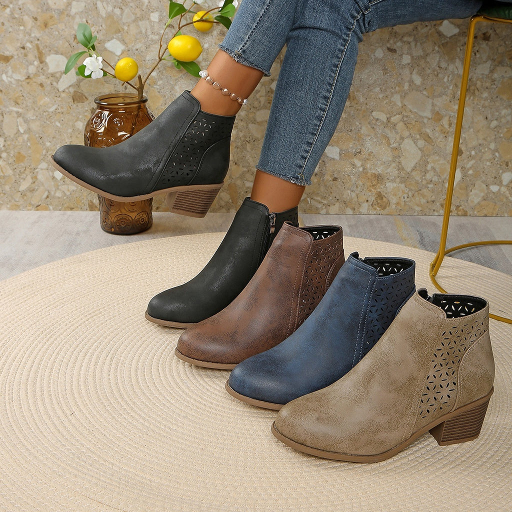 Hollow-out Pointed Toe Low-cut Square Heel Women's Boots