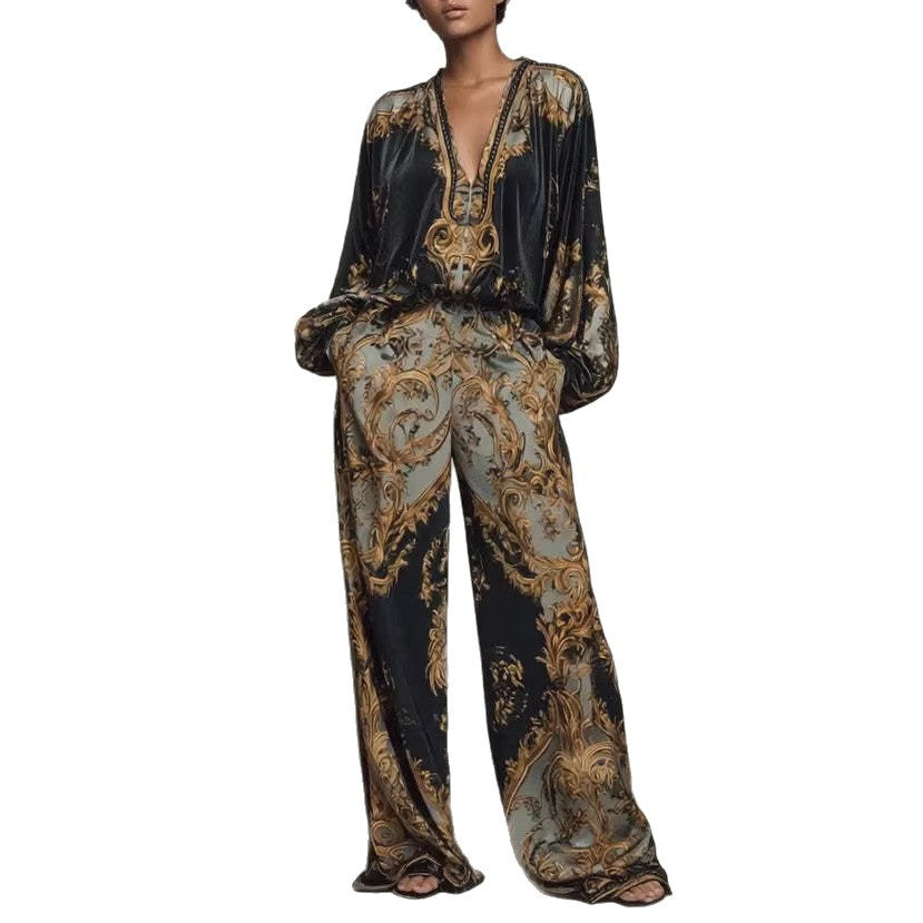 Womens Early Spring Resort-Style V-Neck Korean Fleece Print Set