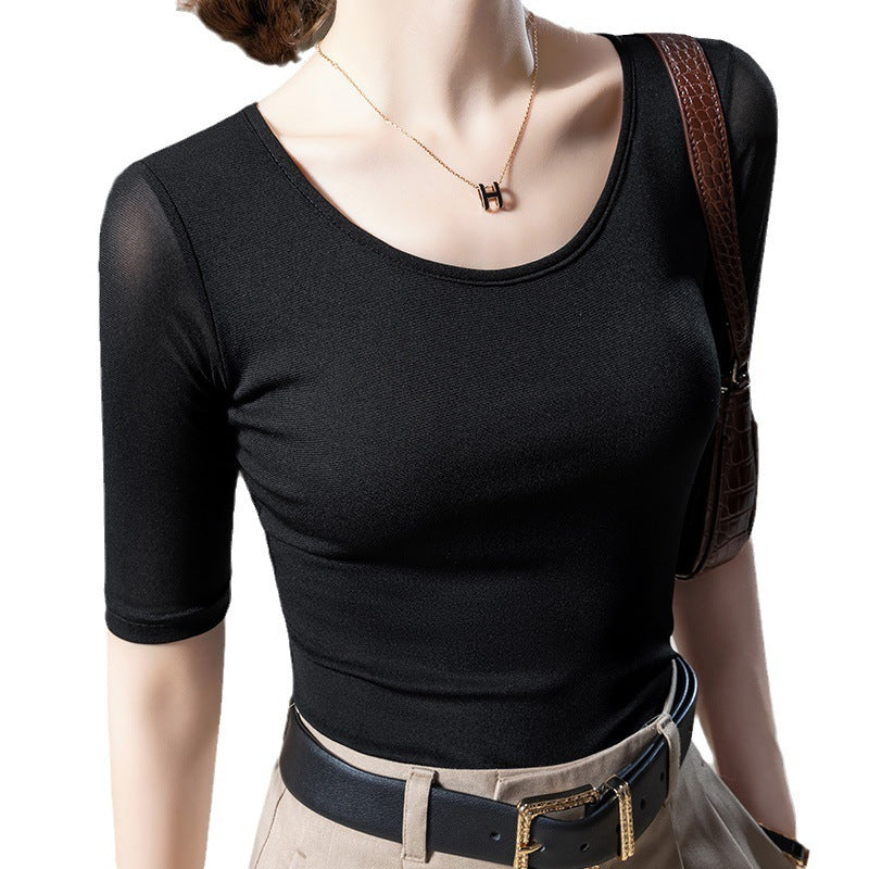 Women's Elegant Scoop Mesh T-shirt Solid Color Waist Stretch Top