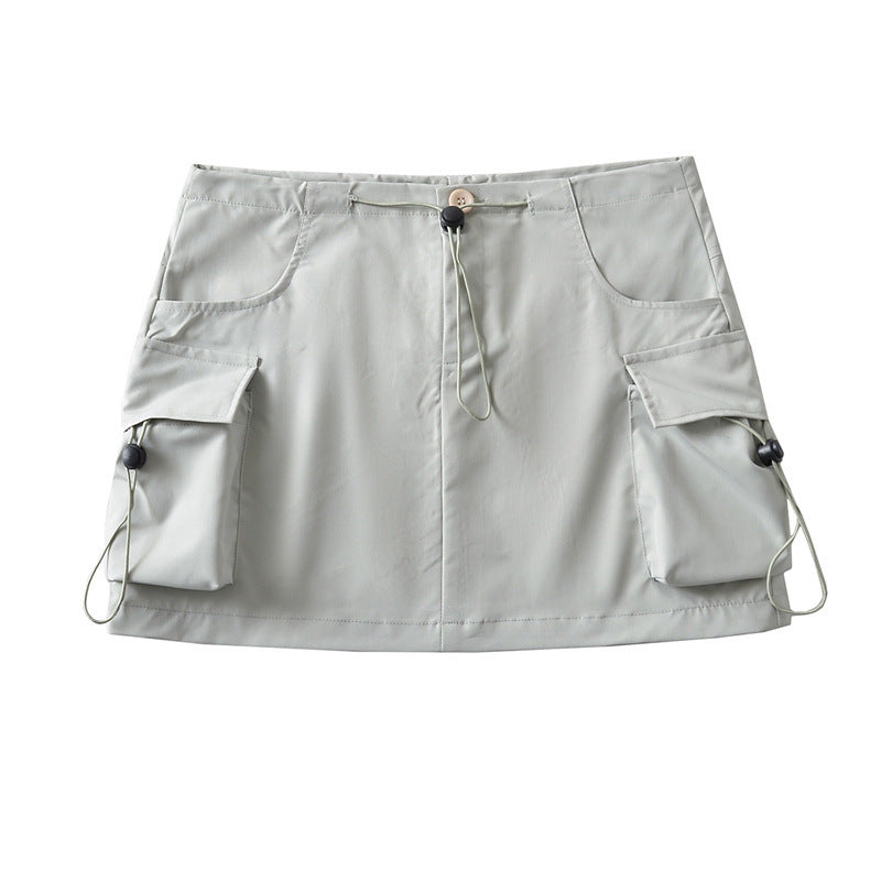 Low Waist Drawstring Elastic Side Workwear With Pocket Skirt