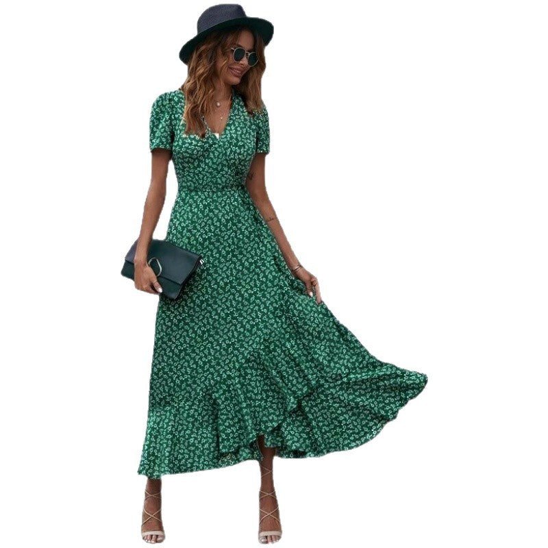 V-neck Chiffon Printed Ruffles Tied Dress