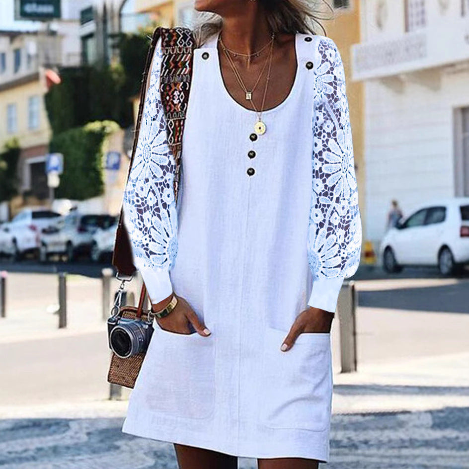 European And American Fashion Solid Color Hollow-out Long Sleeve U-neck Pocket Button Dress