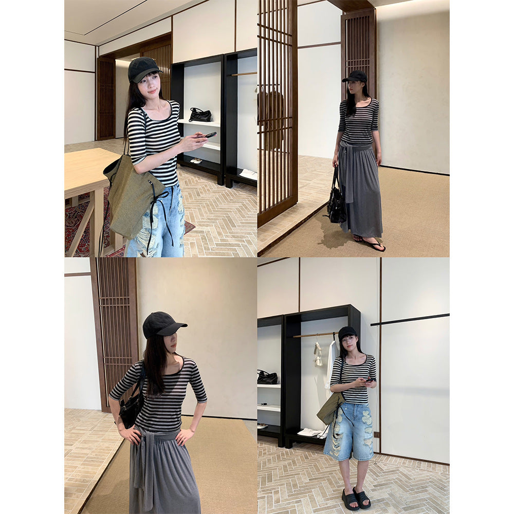 Summer U-neck Striped T-shirt Women's Elastic Mid-sleeve Top