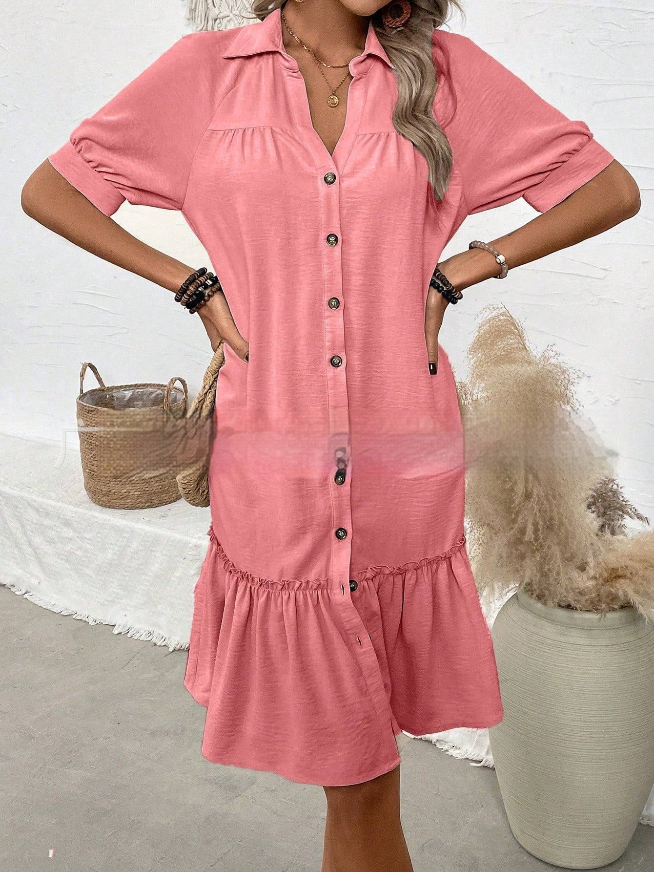 Solid-Color Single-Breasted New Puff-Sleeve Dress