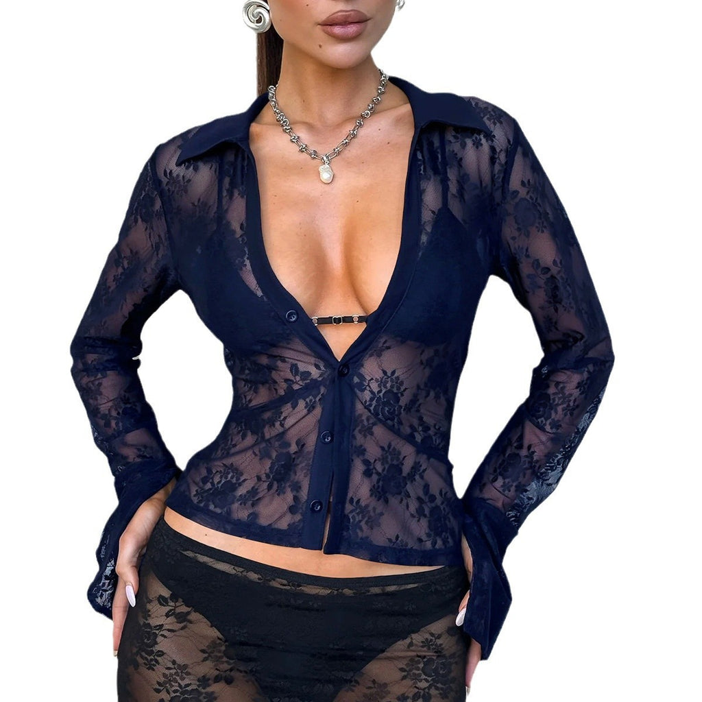 V Hot Girl Style Hollow Lace Cardigan Long Sleeve Top Women's Clothing