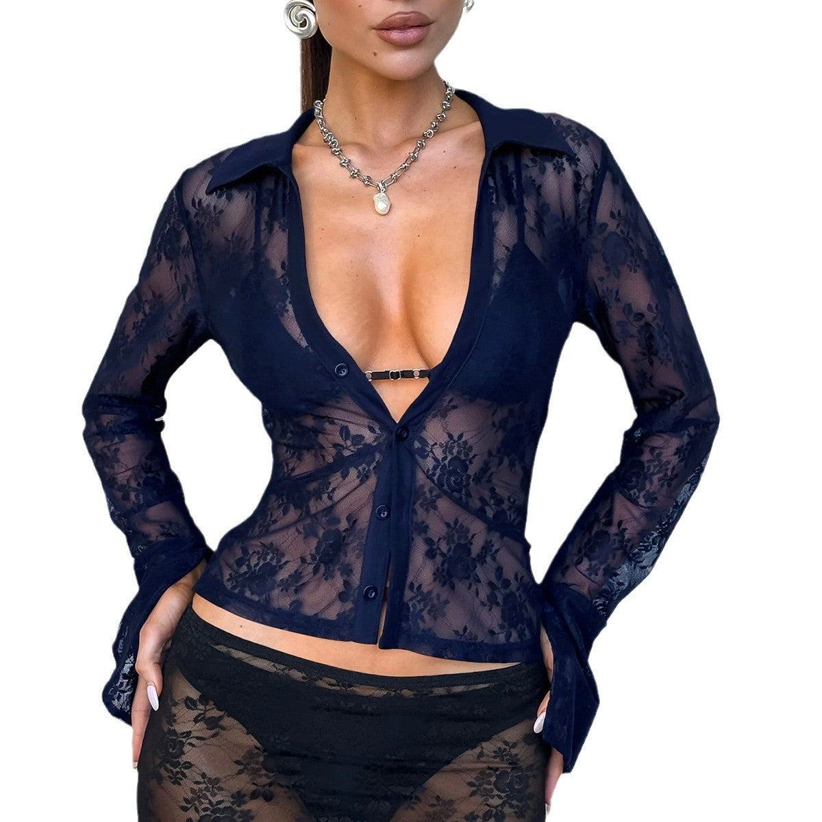 V Hot Girl Style Hollow Lace Cardigan Long Sleeve Top Women's Clothing