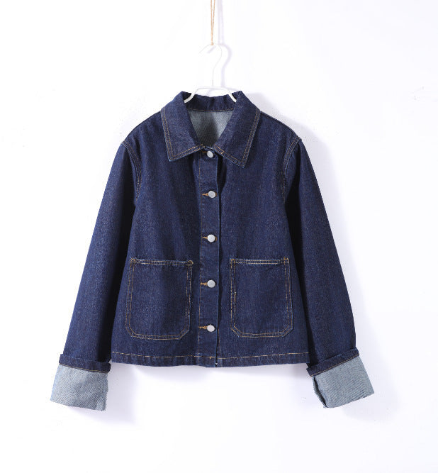 Vintage Denim Jacket Women's All-matching Short Polo Collar Jacket Top Skirt Suit