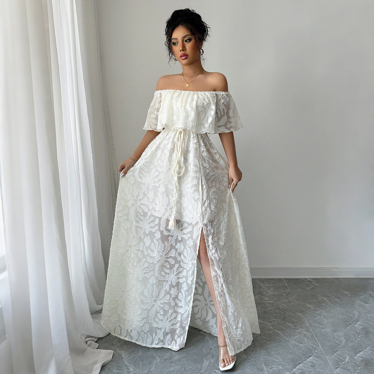 European And American Elegant Style Off-shoulder Lace Dress