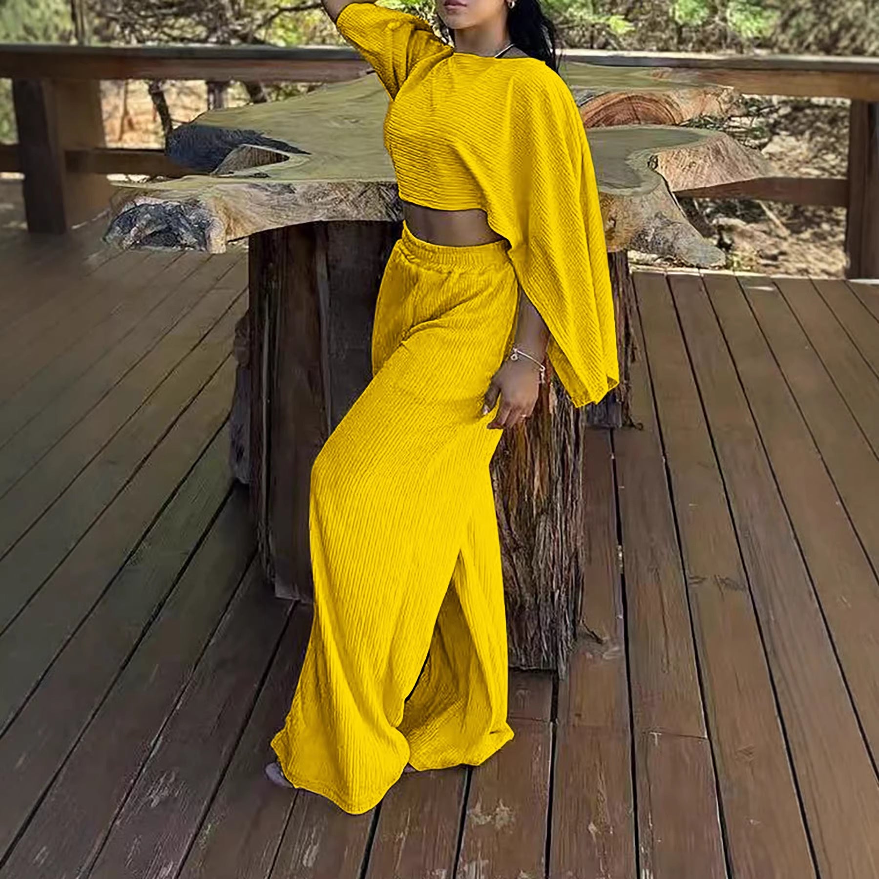 Solid-color Off-shoulder Top With An Asymmetrical Neckline, Paired With Elastic-waist Pants Featuring Pockets