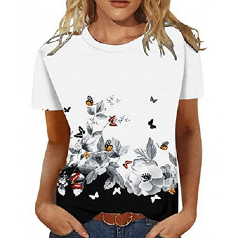 Artificial Cotton 3D Sunflower Print Round Neck T-shirt