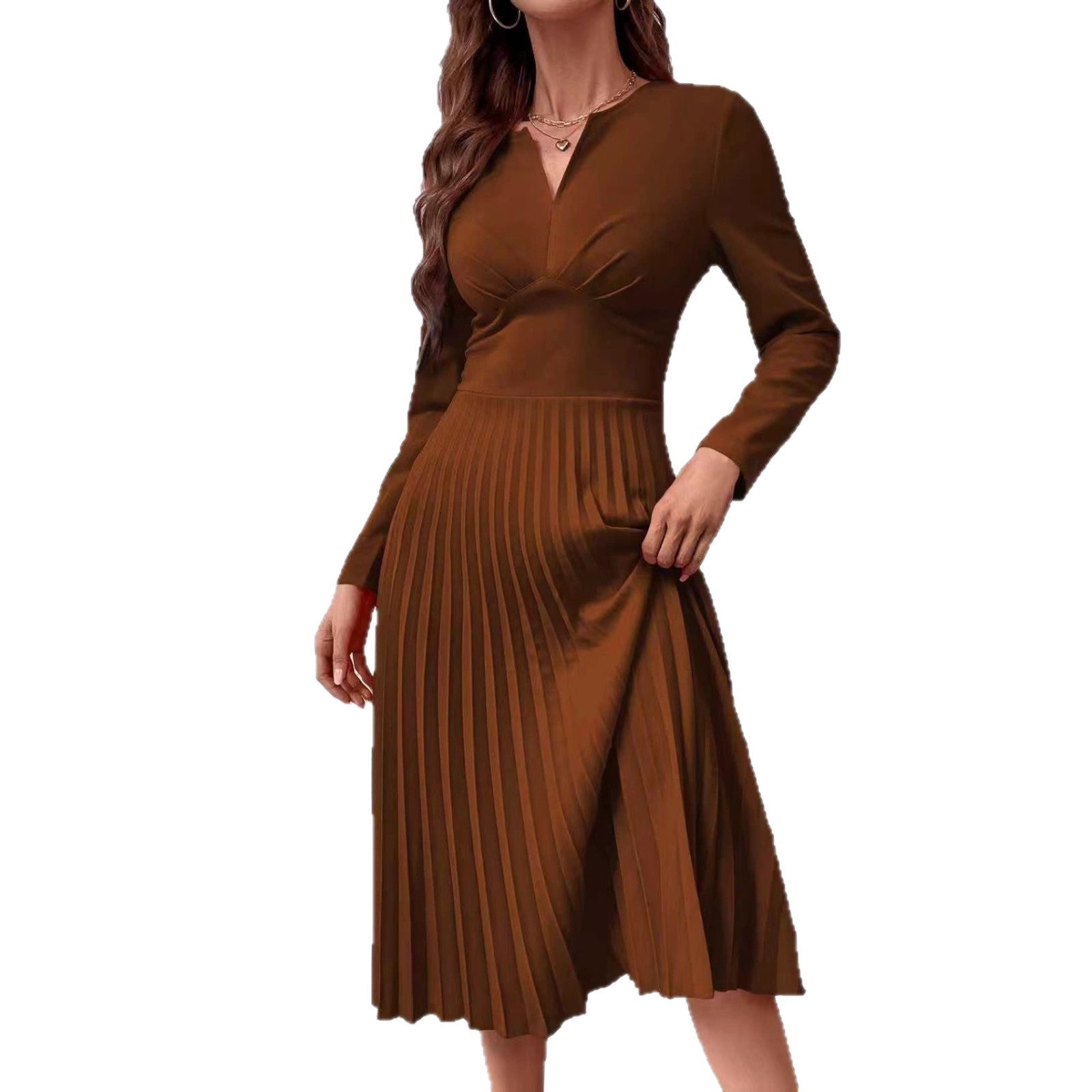 Fashionable Elegant, Solid-color Pleated Waist-cinching Slim Dress