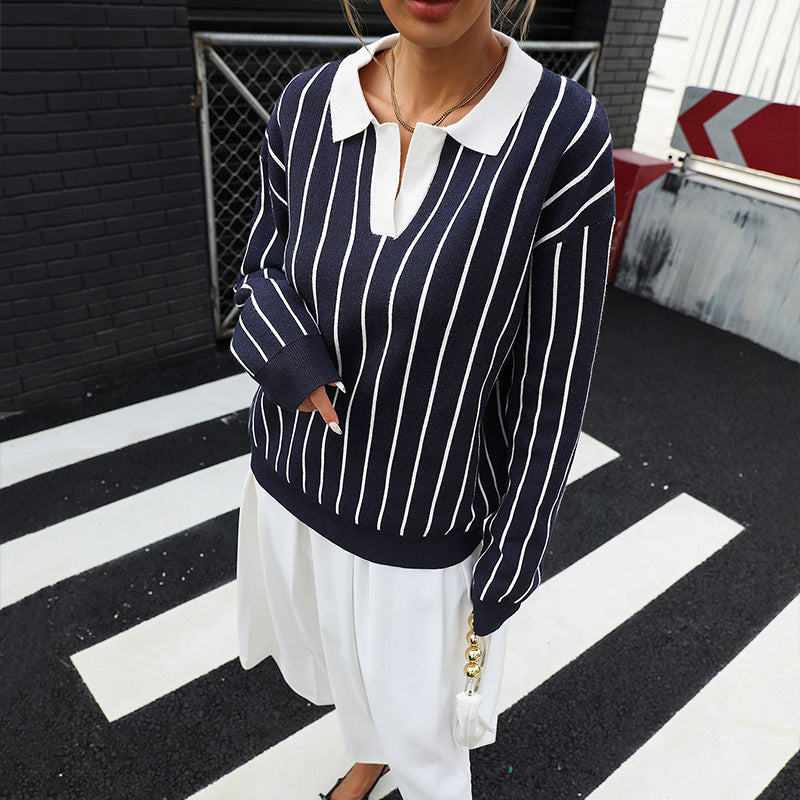 College Street Fashion Polo Collar Stripes Women's Sweater