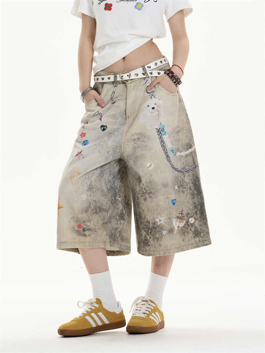 Creative Women's Straight Loose Printed Wide-leg Cropped Jeans