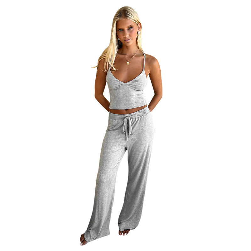 V-neck Elastic Waist Wide Leg Pants Casual Suit