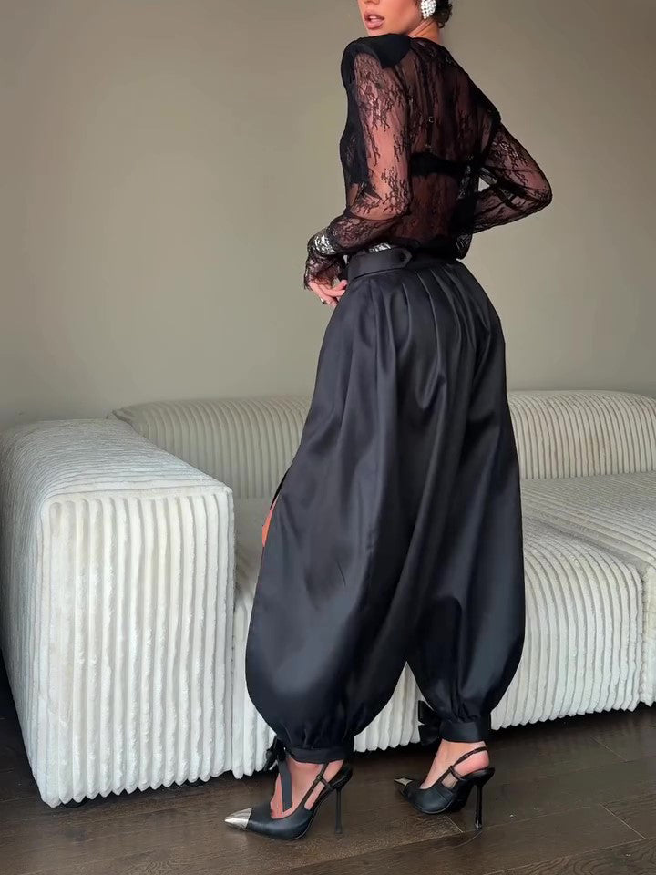 Black  Slit Bow-Tie Ankle Wide Leg Pants