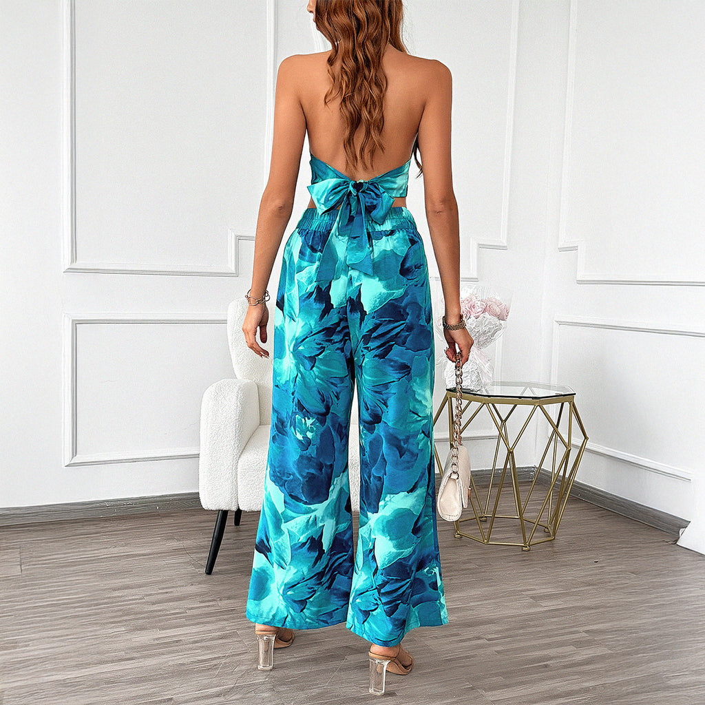 Leisure Commute Vacation Style Contrast Color Halter Top Wide-leg Pants Suit Women
