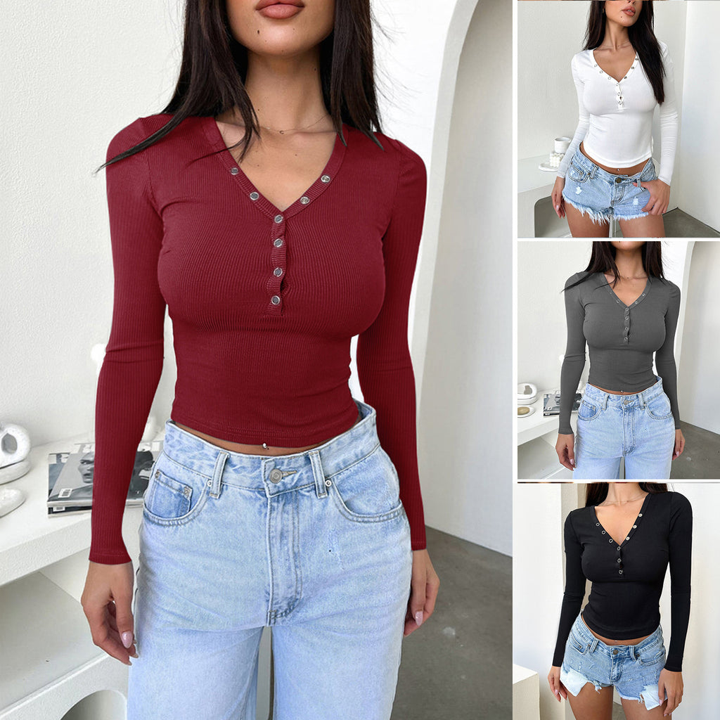 Y2g Slim-fit V-neck Buttons Bm Long-sleeved Sweater Top