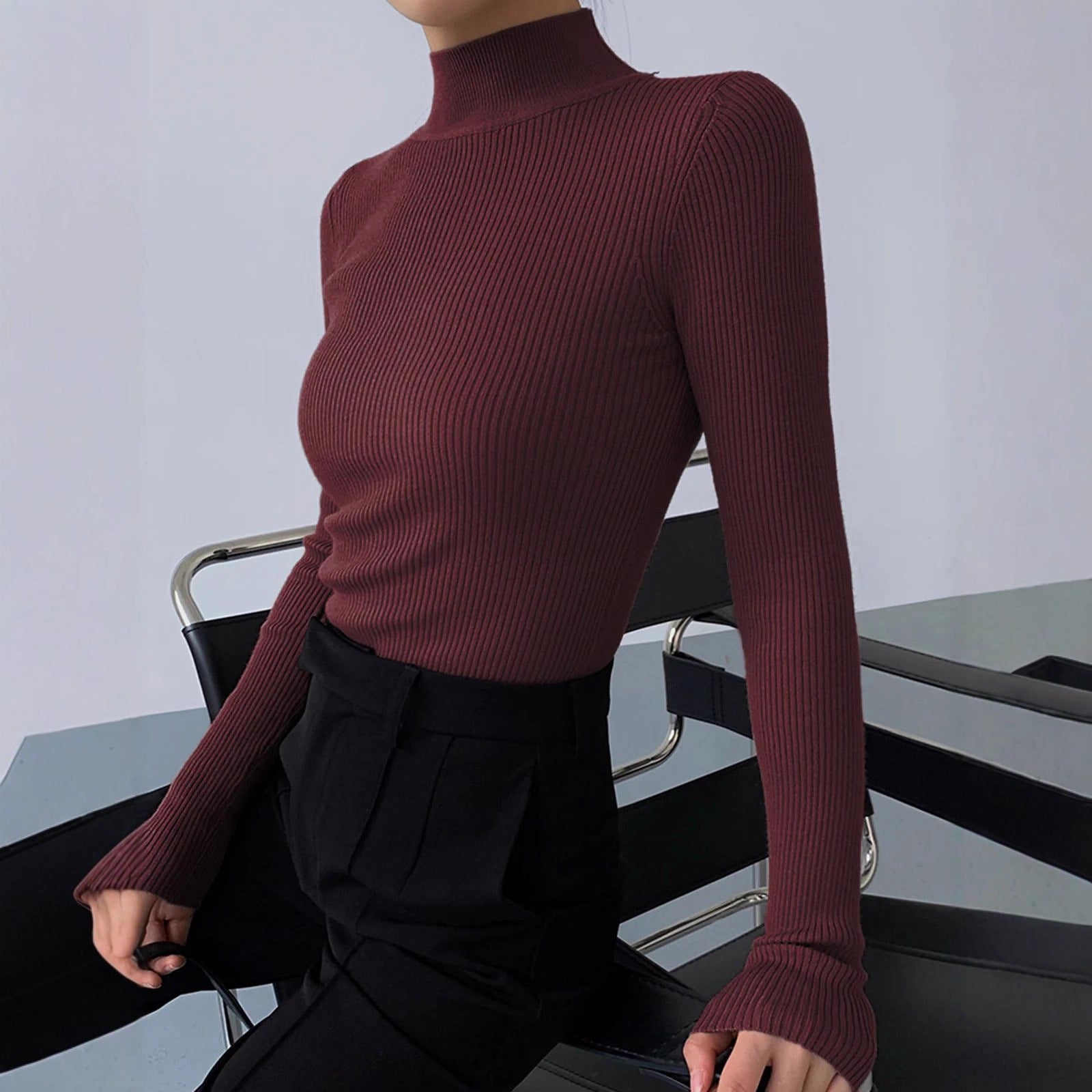 Fashionable Tight-Fit Crew-Neck Knitted Top