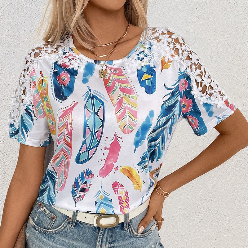 Stitching Lace Short-sleeved T-shirt Simple