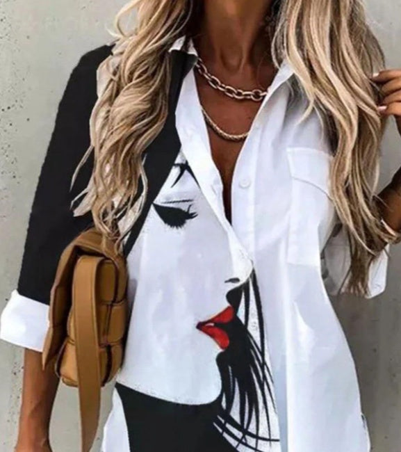 Spring And Summer New Fashionable Printed Collar Long Sleeved Shirt For Women